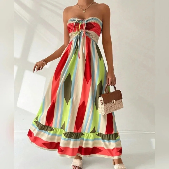 Dresses & Skirts - Women's Summer Geometric Print Bandeau Dress With Front Tie